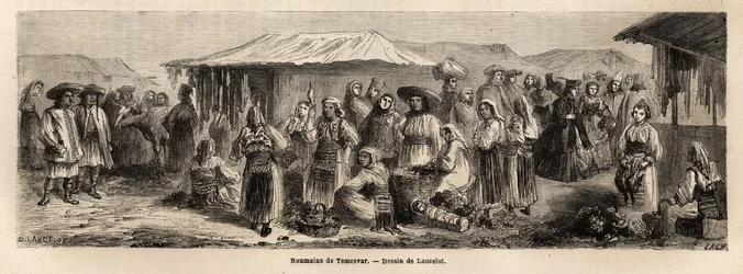 Die gehende Bevölkerung von Tesmevar (oder Timisoara) in Rumänien. Gravur zur Illustration der Reise von Paris nach Bukarest, von Lancelot, Zeichner, 1860, veröffentlicht in „Le tour du monde, nouveau journal des voyages“, unter der Leitung von Edouard Cha