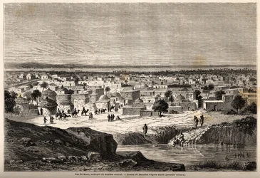 Ansicht von Kano (Stadt und Staat im Norden des heutigen Nigeria), Lagerhaus des zentralen Sudan, Zeichnung von Lancelot, zur Illustration der Reise von 1849-1855 ins Zentrum Afrikas von Dr. Henri Barth. Gravur in „Le tour du monde, nouveau journal des voy