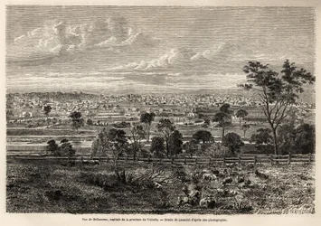 Ansicht von Melbourne (Australien), Zeichnung von Lancelot zur Illustration der Erinnerungen eines französischen Squatters in Australien von 1854-1859, von M. de Castella. Gravur in „Le tour du monde“ 1861. Selvas Sammlung.