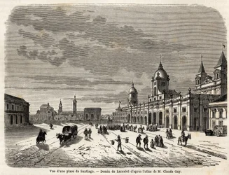 Ansicht eines Platzes in Santiago (Chile), Zeichnung von Lancelot zur Illustration der Reise nach Südamerika im Jahr 1823 von Giovanni Mastai Ferretti (1792-1878, zukünftiger Pius IX). Gravur in „Le tour du monde, nouveau journal des voyages“ Paris