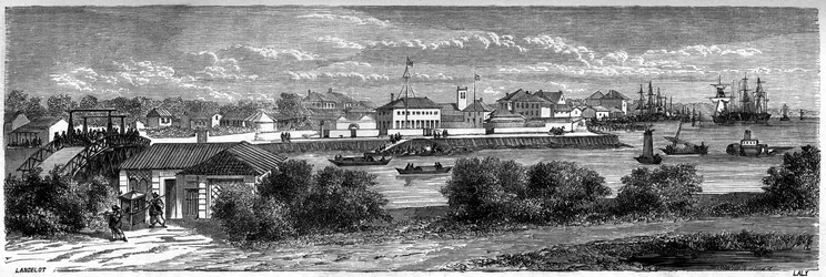 Ansicht der US-Konzession am Huangpu-Fluss in Shanghai im Jahr 1860, China. Gravur von Lancelot, in „Le Tour du Monde, Nouveau journal des Voyages“, herausgegeben von Edouard Charton, Paris