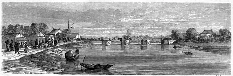 Ansicht der Brücke über den Suzhou-Fluss nahe Shanghai, 1860, China. Gravur von Lancelot, in "Le Tour du Monde, Nouveau journal des Voyages", herausgegeben von Edouard Charton, Paris