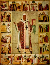 Metropolit Alexius umgeben von Szenen aus seinem Leben, russisch, 1480
