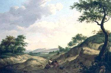 Eine bewaldete Landschaft mit Hirten und Tieren auf einem Felsen