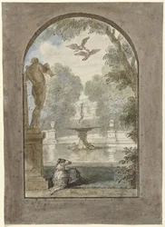 Entwurf für eine Zimmerbemalung mit Blick in einen Garten mit liegendem Hund, Brunnen und Statue