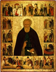 Heiliger Dmitry Prilutsky mit Szenen aus seinem Leben, ca. 1503