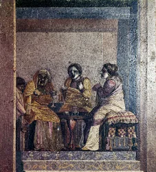 Römisches Mosaik einer Szene aus einem Theaterstück mit maskierten Schauspielern, Villa von Cicero, Pompeji