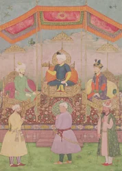 Mogul-Kaiser Babur und sein Sohn Humayun, indische Miniatur aus Rajasthan, 16. Jahrhundert