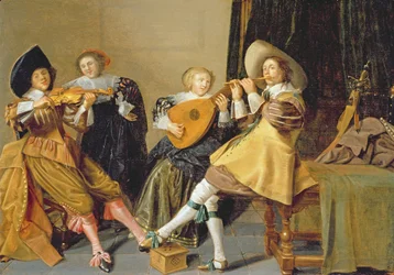 Eine elegante Gesellschaft spielt Musik in einem Innenraum