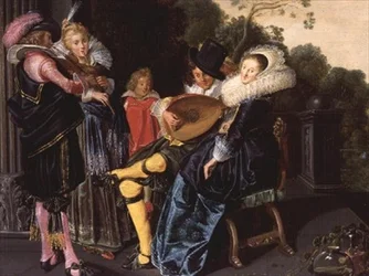 Eine elegante Gesellschaft beim Musizieren an einem Zierteich, 1621
