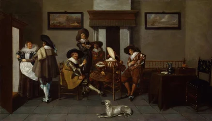 Elegant gekleidete Männer und ein Dienstmädchen