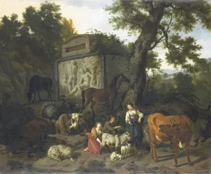 Landschaft mit Hirten und Vieh in der Nähe eines Grabmals