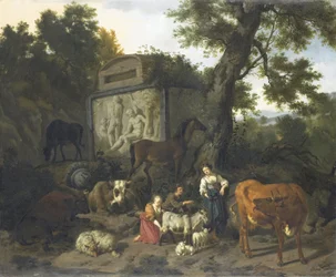 Landschaft mit Hirten und Vieh nahe einem Grab