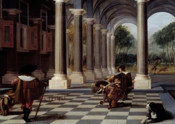 Kegelspieler: Kegelspiel auf einem Schachbrettboden (Detail)