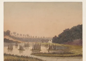 Sumpfige Landschaft mit einem Gebäude in der Ferne