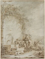 Frontispiz für ein Album von Zeichnungen: Bauern an einem Brunnen (recto)