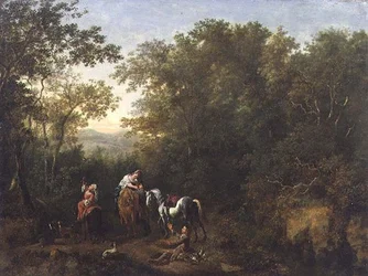 Eine Falkenjagdgesellschaft in einer bewaldeten Landschaft