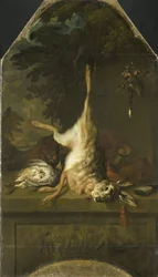 Stillleben mit totem Hasen und Rebhühnern