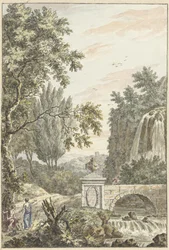 Arkadische Waldlandschaft mit einem Wasserfall, einer Brücke und drei jungen Männern