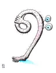 Haariger Bassschlüssel - ein Bassschlüssel gezeichnet als Bein mit einer Hand, die ihn hält