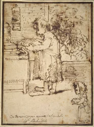 Karikatur des Aldobrandini-Theologen, mit einer weiblichen Zwergin, die ihren Hund hält