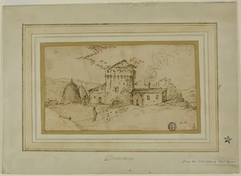 Bauernhof mit Turm und Heuhaufen