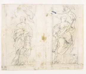 Zwei Nischen mit stehenden Figuren der Heiligen Agatha und Margareta, die von Putti gekrönt werden