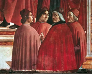 Geschichten der Jungfrau Maria: Verkündigung an Zacharias, Detail von Cristoforo Landino, Angelo Poliziano und Marsilio Ficino, ca. 1485-90 (Fresko)