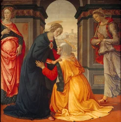 Heimsuchung: Die Jungfrau Maria besucht Elisabeth, zwischen Marie Jacobie und Marie Salome, Zeugen der Kreuzigung und Auferstehung, Gemälde von Domenico Ghirlandaio (1449-1494) 1491