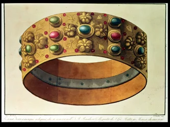 Die Eiserne Krone der Lombardei, die Karl der Große 777 und Napoleon 1805 in der Kathedrale von Mailand krönte, graviert von D. Landini