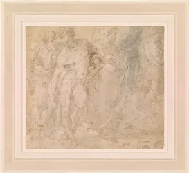 Beccafumi - Stehender männlicher Akt in einer Gruppe von Figuren, eine davon liegend, ca. 1530-1540