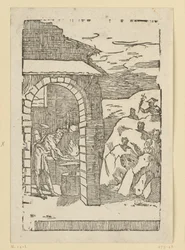 Der Ruf der Metalle. Hephaistos (Vulkan) und ein Gelehrter am Feuer einer Schmiede, während draußen in den Felsen die Götter (als Repräsentanten der Metalle) versteckt sind: Saturn (Blei), Jupiter (Zinn), Venus (Kupfer), Luna (Silber), Merkur (Quecksilber)