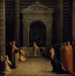 Das Angebot der Schlüssel der Stadt Siena an die Jungfrau, um oder nach 1526