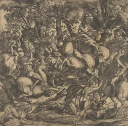 Gruppe nackter Männer im Kampf in einer bewaldeten Landschaft, einige zu Pferd, ein Hund bei lo..., 1517.