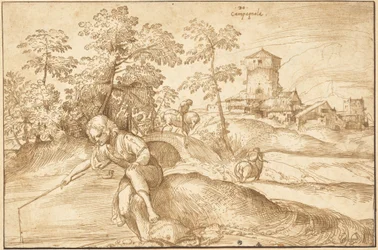 Landschaft mit einem Jungen beim Angeln