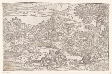 Landschaft mit Paar mit einer Drehleier