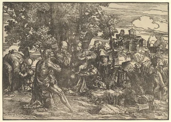 Maria unter Bäumen mit Baby, flankiert von Joseph links und St. Jerome rechts, 1517