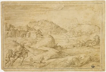 Flusslandschaft mit dem heiligen Rochus und einem Kind, das mit einem Hund reist