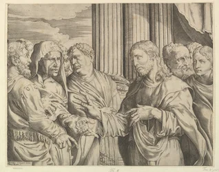 Das Tributgeld: Christus in der Mitte rechts, der einem Mann zu seiner Linken mit Münzen gestikuliert, ca. 1564-89