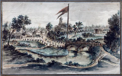 Ansicht des Pavlovsk-Parks mit dem Krankenhaus der Heiligen Maria Magdalena, ca. 1783