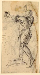 Stehender Mann mit erhobenen Armen