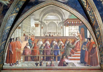 Der heilige Franziskus erhält die Regel des Ordens von Papst Honorius, Szene aus einem Zyklus des Lebens des heiligen Franziskus von Assisi, 1486