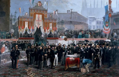 Zeremonie zur Grundsteinlegung der Galleria Vittorio Emanuele II in Mailand, 7. März