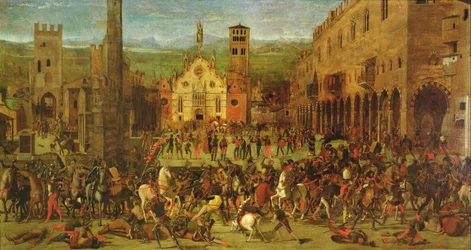 Vertreibung der Bonacolsi durch Louis Gonzaga im Jahr 1328, auf der Piazza Sordello, Mantua
