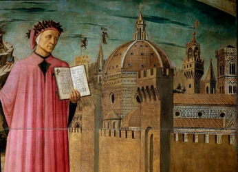 Dante Alighieri präsentiert sein Werk Die Göttliche Komödie. Detail mit dem Dichter und der Kuppel von Santa Maria del Fiore, Florenz