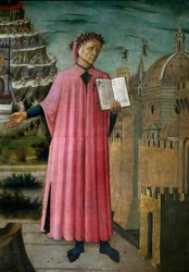 Der italienische Dichter Dante Alighieri (1265-1321) präsentiert sein Werk „Die Göttliche Komödie“ („La Divina Commedia“). Detail. Fresko (1417-1491), Kathedrale Santa Maria del Fiore, Florenz (Duomo, Firenze), Italien