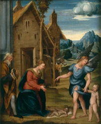 Anbetung des Kindes mit Raphael und Tobias, ca. 1510