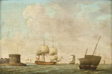 Fregatte passiert einen überfüllten Lugger