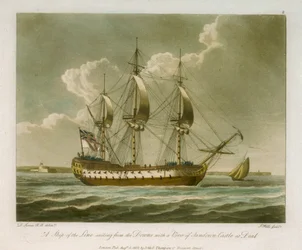 Ein Linienschiff segelt von den Downs mit Blick auf das Sandown Castle in Deal