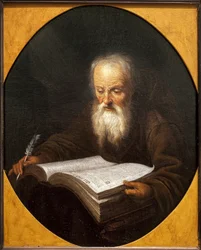 Ein Mönch liest, eine Feder in der Hand. Gemälde von Domenicus Van Tol (1635-1676), Öl auf Leinwand, von Gerrit Dou (1613-1675). Flämische Kunst